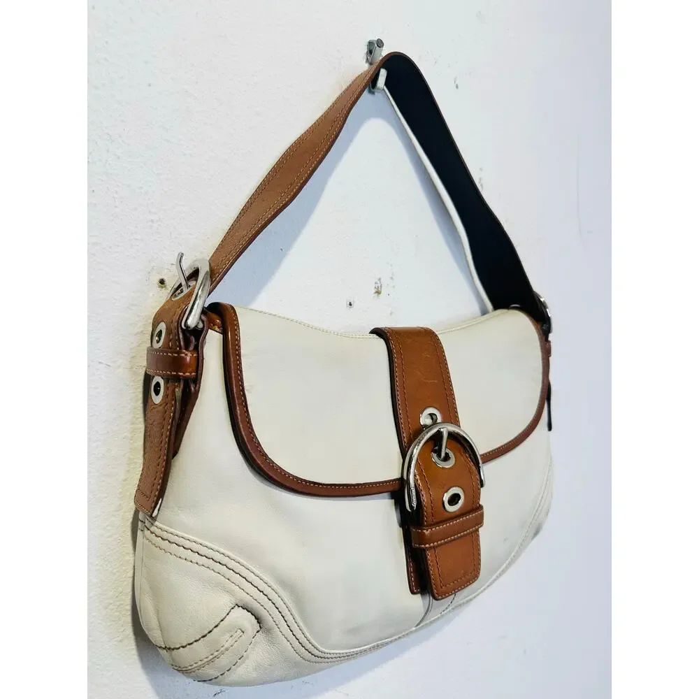 COACH White Brown Saddle SoHo Leather Hobo Leather Handbag F10192